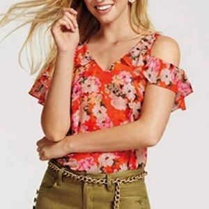 CABI Lush Blouse Style 5352 Size Small Red Floral Cold shoulder top
